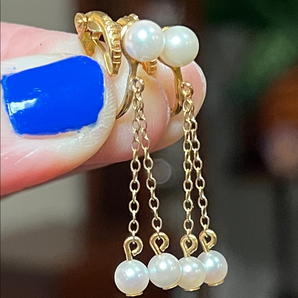 Vintage 14k Gold Filled Clip-On Pearl Chain Drop Dangle Earrings